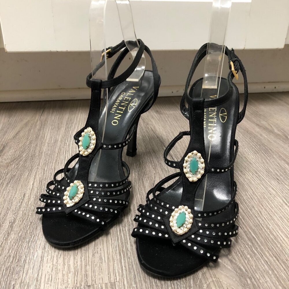 Valentino Garavani Heels Shoes Black Embellished Strappy Women's Size EU 37.5